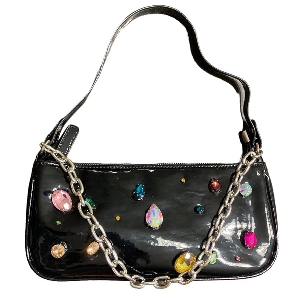 Handbags - Black and Multicolor Colorful Bejeweled Studded Shoulder Chain Bag Purse